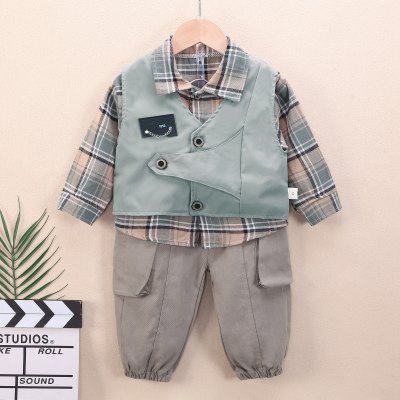 3-piece Toddler Boy Plaid Long Sleeve Shirt & Solid Color Button Front Vest & Cargo Pants
