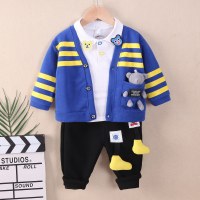 Toddler Solid Color Shirt & Stripes 3D Bear Long-sleeve Outerwear & Trousers  Blue