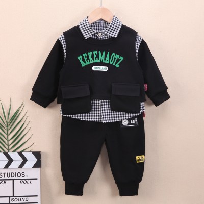 3-piece Toddler Boy Plaid Patchwork Long Sleeve Shirt & Letter Printed Pocket Front Vest & Cargo Pants