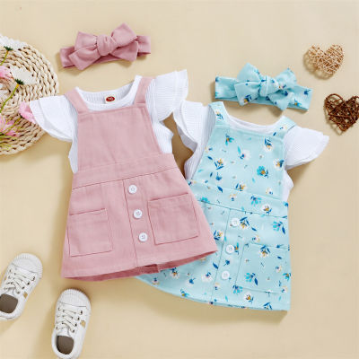 Baby Girl Solid Color Ruffle-sleeve Bodysuit & Floral Pattern Suspender Dress & Headband