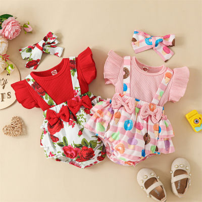 2-piece Baby Girl Ribbed Floral Printed Patchwork Bowknot Decor Short Sleeve Romper & Matching Headwrap
