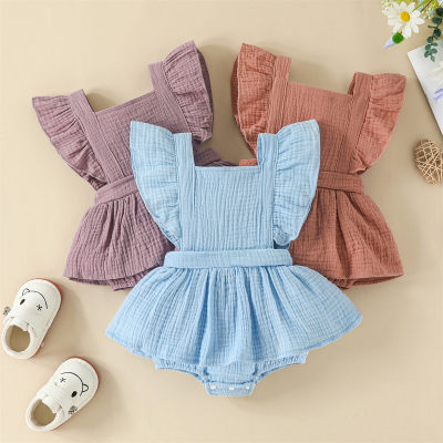 Baby Girl Solid Color Square Neck Fly Sleeve Skirted Romper