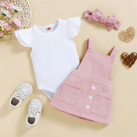 Baby Girl Solid Color Ruffle-sleeve Bodysuit & Floral Pattern Suspender Dress & Headband  Pink