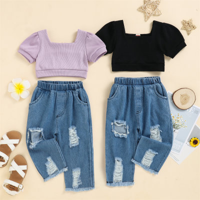 Baby Girl 2 Pieces Solid Color Puff Sleeve T-Shirt & Denim Pants