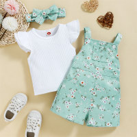 Baby Girl Solid Color Top & Floral Pattern Overalls & Headband  Light Green