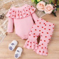 Baby Girl 2 Pieces Solid Color Ruffle U-neck Bodysuit & Heart-shaped Pattern Pants  Pink