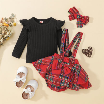 Baby Solid Color Fly Sleeve Top & Plaid Bow Decor Overall Dress With Hairband