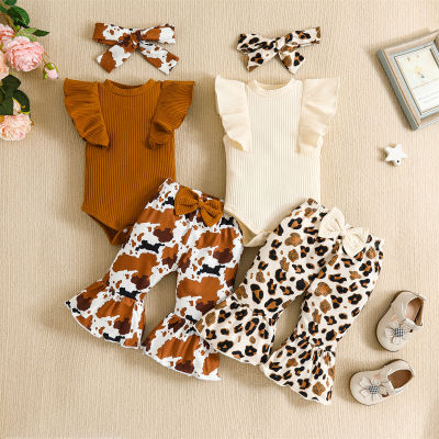 3-piece Baby Girl Solid Color Ribbed Ruffled Sleeveless Romper & Leopard Print Bowknot Decor Flare Pants & Headwrap
