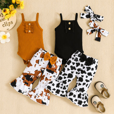 3-piece Baby Girl Solid Color Ribbed Cami Romper & Cow Print Bowknot Decor Flare Pants & Headwrap
