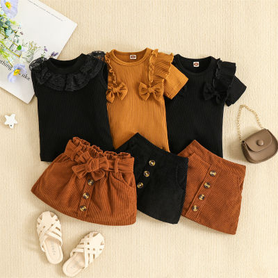 2-piece Baby Girl Solid Color Ribbed Ruffled Bowknot Decor Short Sleeve Top & Button Front Skirt