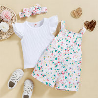 Baby Girl Solid Color Top & Floral Pattern Overalls & Headband  Pink
