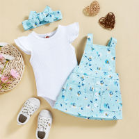 Baby Girl Solid Color Ruffle-sleeve Bodysuit & Floral Pattern Suspender Dress & Headband  Blue