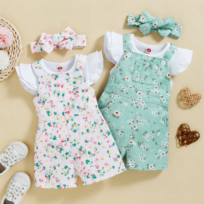Baby Girl Solid Color Fly Sleeve Top & Floral Pattern Overalls With Headband