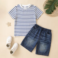 2-piece Kid Boy Pure Cotton Striped Short Sleeve T-shirt & Denim Shorts  Deep Blue