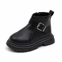 Toddler Girl Solid Color Buckle Decor Zip-up Boots  Black