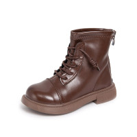 Kid Girl PU Leather Solid Color Lace-up Zip-up Booties  Brown