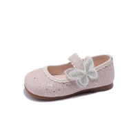 Girls' shiny big butterfly leather shoes 21-30  Pink