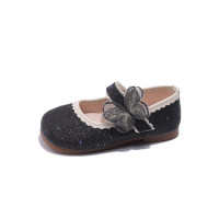 Girls shiny big butterfly leather shoes  Black