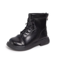 Kid Girl PU Leather Solid Color Lace-up Zip-up Booties  Black