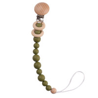 Baby beech wood clip silicone beads molar pacifier chain  Army Green