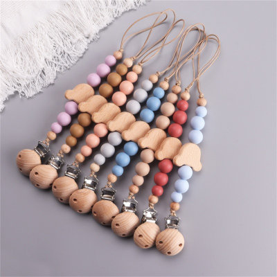 Beech wood clip silicone bead pacifier chain baby teether anti-lost chain