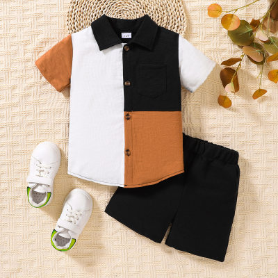 2-piece Toddler Boy Color-block Patchwork Short Sleeve Shirt & Solid Color Shorts