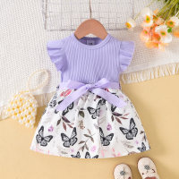 Summer new style round neck flying sleeve pit strip fabric butterfly print splicing plus webbing belt infant fashion dress for girls  Purple