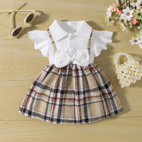 Baby girl open button lapel belted dress pitted checkered  Coffee