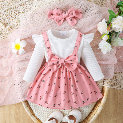 Spring and Autumn Style Round Neck Flying Sleeves Long Sleeves Full Print Skirt Spliced Bow Decoration Plus Headband Infant Girls Dress