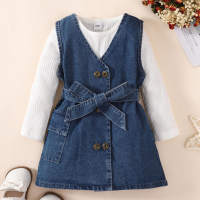 3-piece Toddler Girl Solid Color Ribbed Long Sleeve Top & V-neck Button-up Sleeveless Denim Dress & Bowknot Belt  Blue