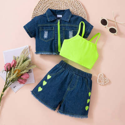 3-piece Baby Girl Solid Color Cami Top & Denim Short Sleeve Shirt & Heart Printed Shorts