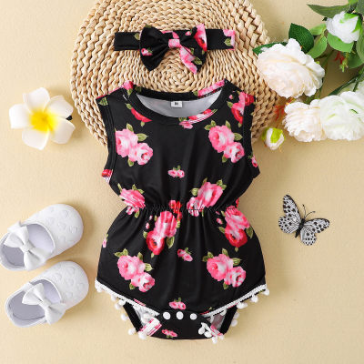 Baby Girl 2 Pieces Floral Pattern Sleeveless Triangle Romper & Headband