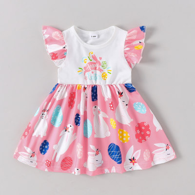 Summer new round neck flying sleeves rabbit print fashion dress for infants and young girls