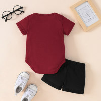 Baby and baby set waffle shoulder collar short-sleeved patchwork embroidered triangle hoodie + shorts two-piece set  Burgundy