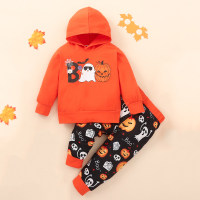 2-piece Toddler Boy Halloween Style Pumpkin Printed Hoodie & Matching Pants  Orange