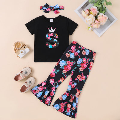  Girls summer short-sleeved trousers suit, fashionable and stylish girl printed casual bell pants two-piece set