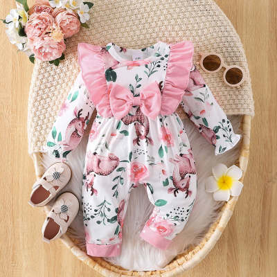 Baby Girl Floral Ruffles Bow-knot Decor Jumpsuit