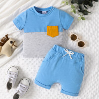 Infant and toddler boys summer new round neck color-blocked shorts suit casual baby boy two-piece set  Sky Blue