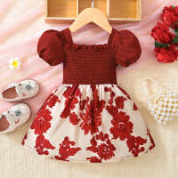 Baby Girl Floral Patchwork Square Neck Short Puff Sleeve Dress  Red