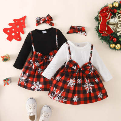 2-piece Baby Girl 2 in 1 Ribbed Plaid Snowflake Pattern Patchwork Bowknot Decor Long Sleeve Dress & Bowknot Headwrap