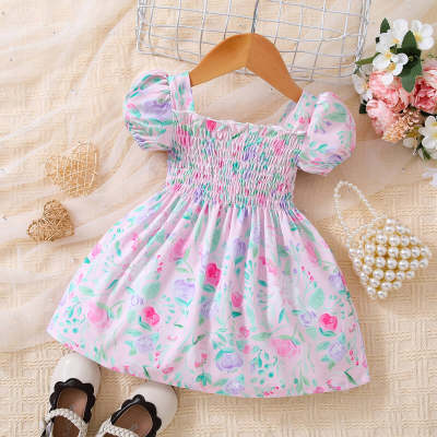 Baby Girl Allover Floral Printed Square Neck Short Puff Sleeve Dress