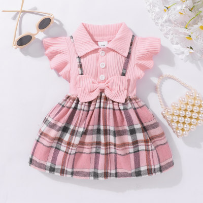 Baby girl open button lapel belted dress pitted checkered