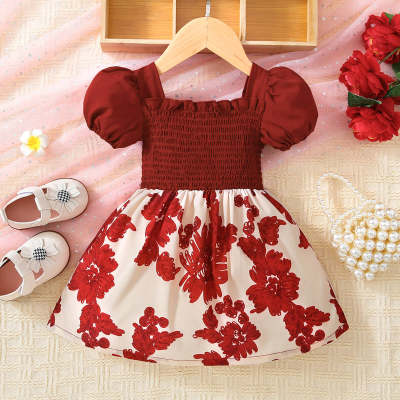 Baby Girl Floral Patchwork Square Neck Short Puff Sleeve Dress