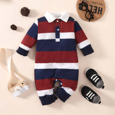 Baby Boy Color-block Striped Polo Collar Button Front Long-sleeved Long-leg Romper