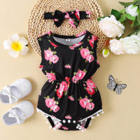Baby Girl 2 Pieces Floral Pattern Sleeveless Triangle Romper & Headband  Black