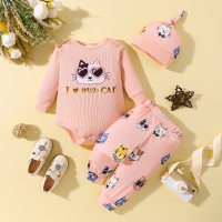 New autumn round neck long sleeve cat print top plus pants and hat for baby girls fashion three piece suit  Pink