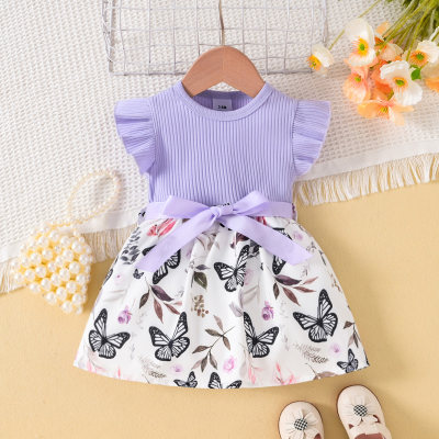Summer new style round neck flying sleeve pit strip fabric butterfly print splicing plus webbing belt infant fashion dress for girls