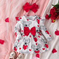 Baby Girl 2 Pieces Koala Heart-shaped Printed Dress & Headband  White