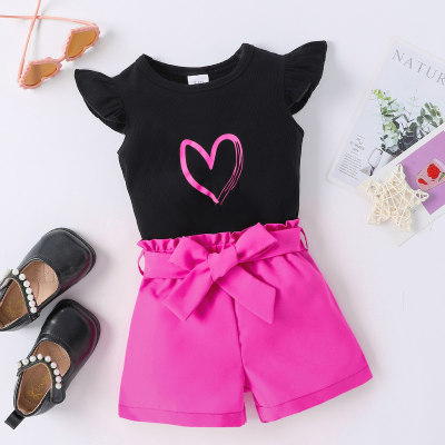 Summer new round-neck short-sleeved peach heart print top and shorts fashionable two-piece suit for infants and young girls