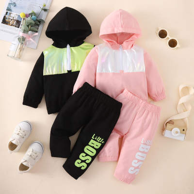 2-piece Baby Girl Color-block Fluorescent Hoodie & Letter Printed Cropped Pants